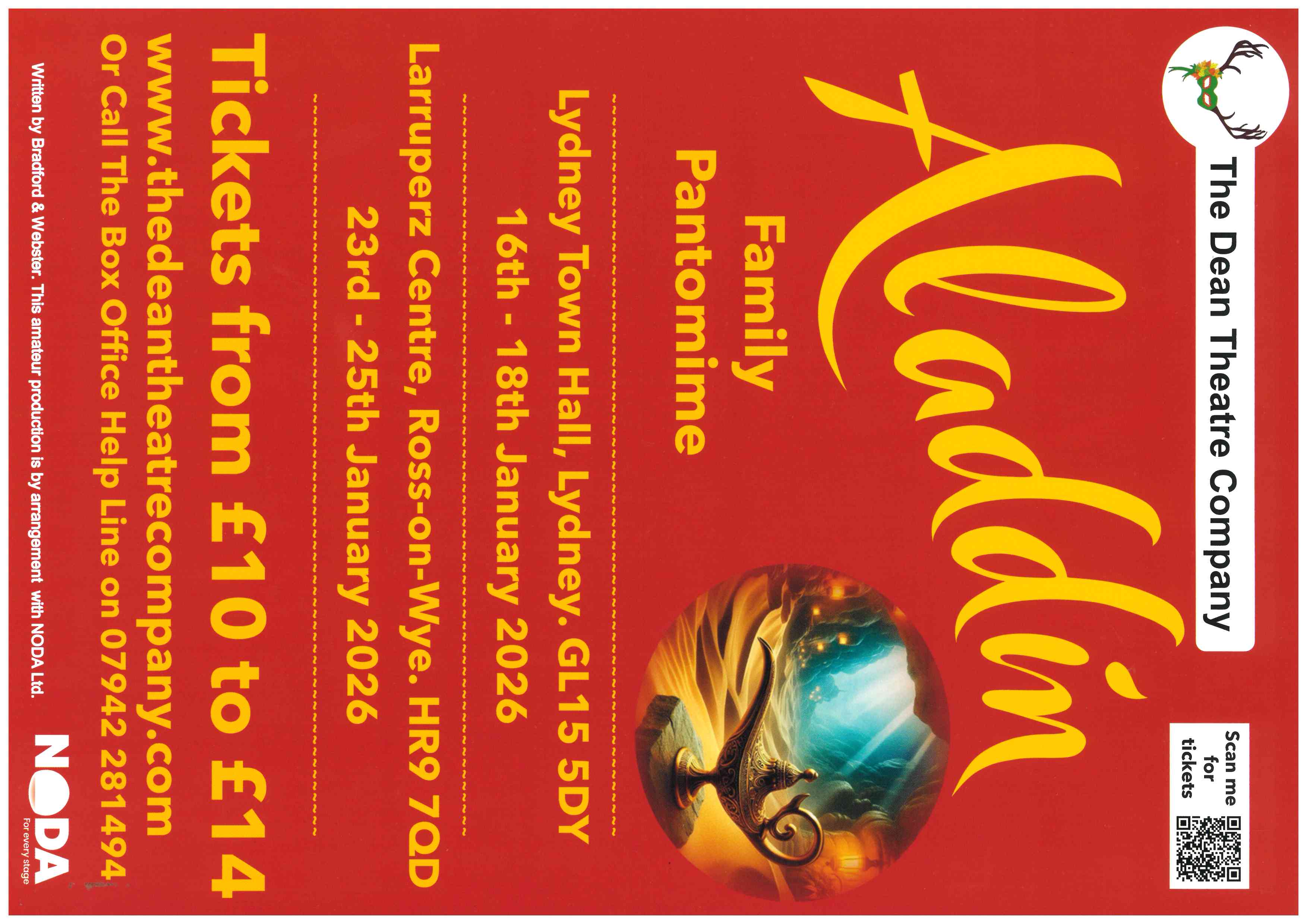 Aladdin Family Panto. Lydney Town Hall 16-18 Jan 26. £10-£14. 07942 281494