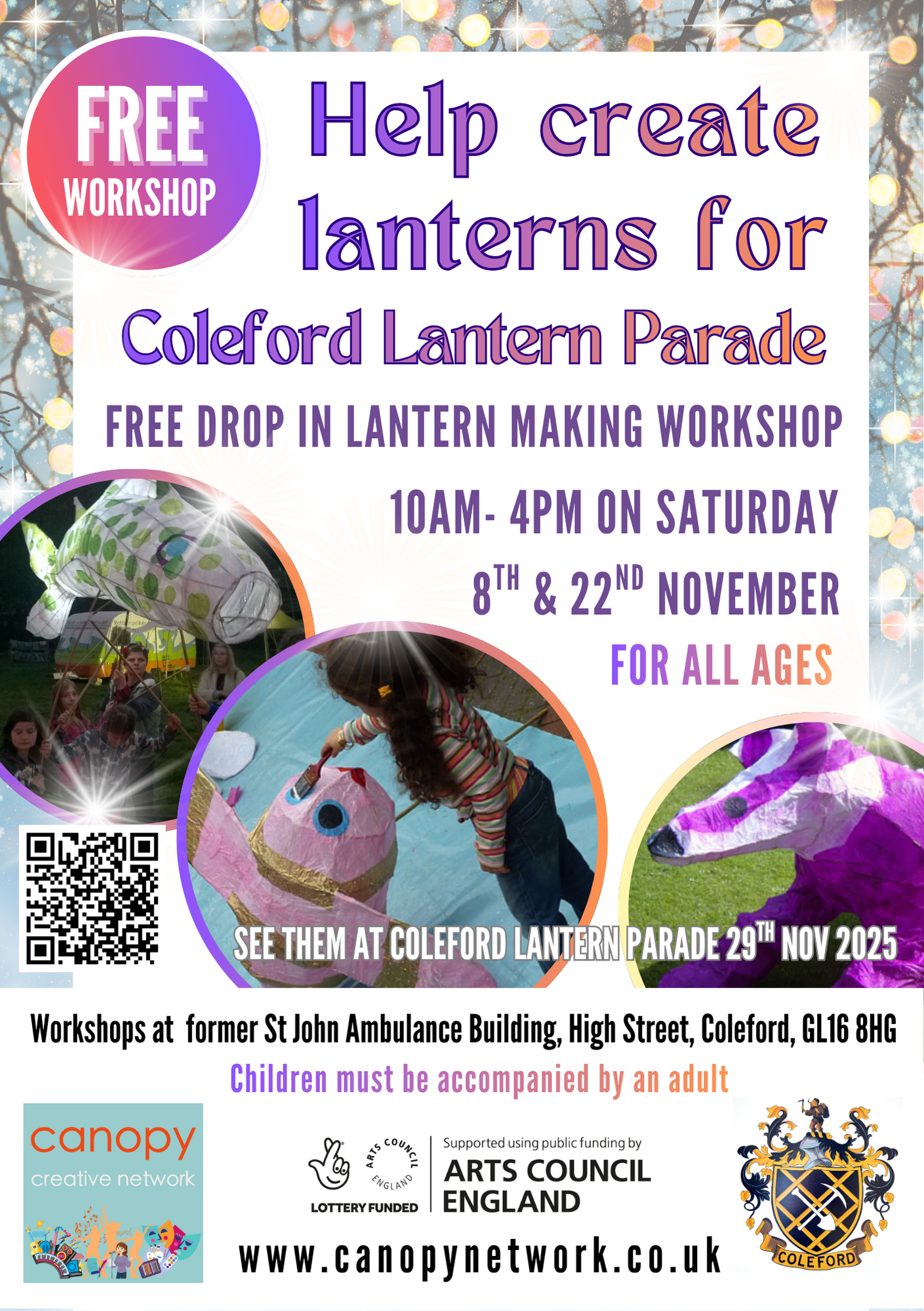 Coleford Lantern Parade. Free workshop.10am-4pm 8th & 22nd November 