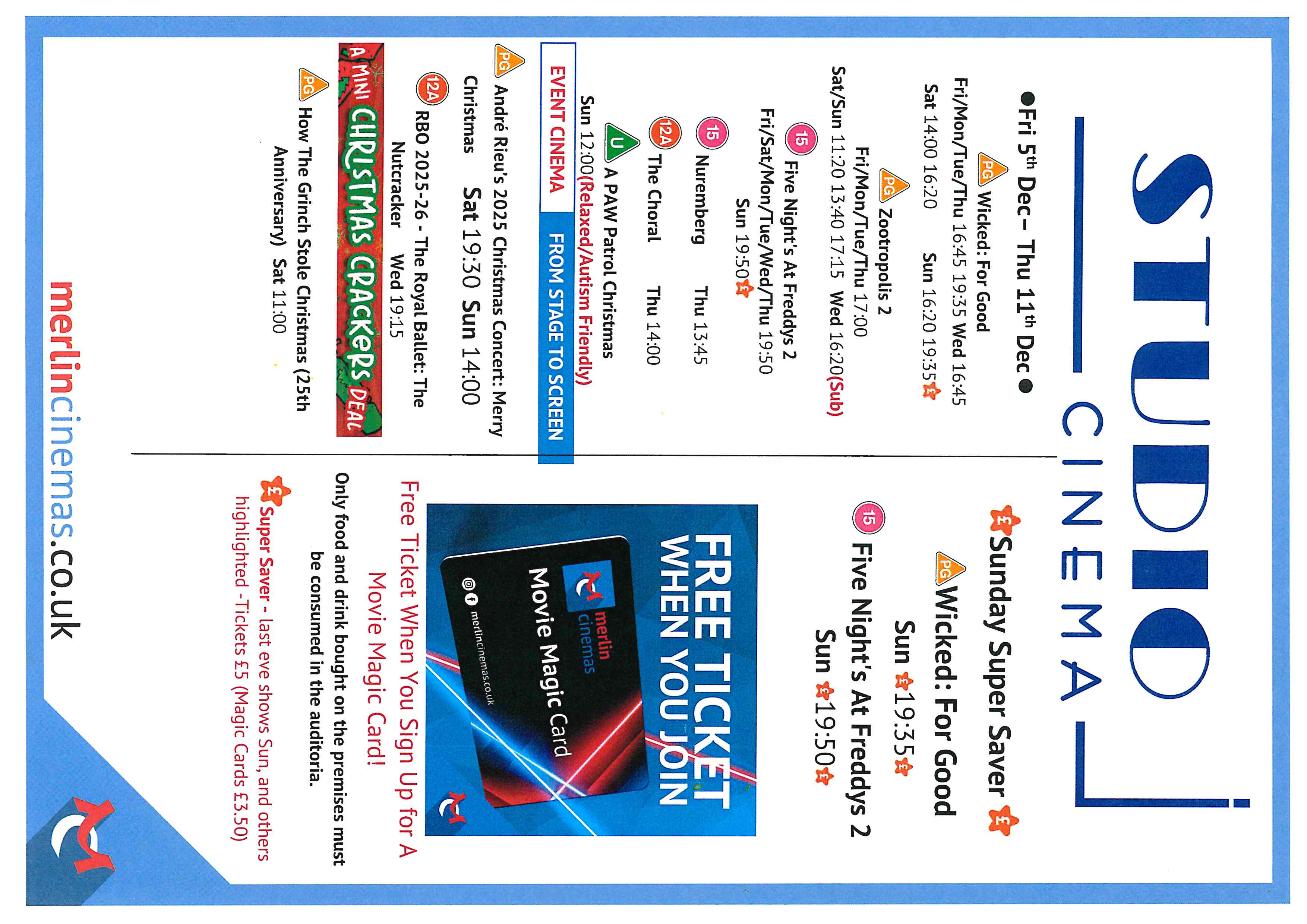 Studio Cinema Listings Fri 5th Dec - Thur 11th Dec